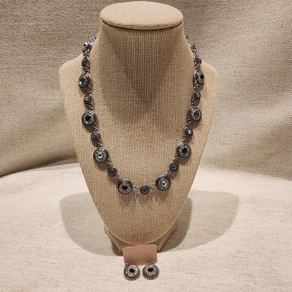 Lia Sophia Round Silver Multicolor Iridescent Necklace with Matching Earrings